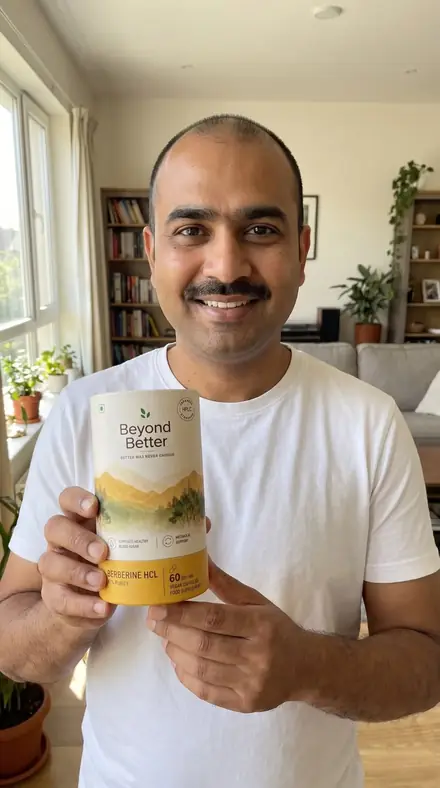 A man in a white t-shirt holding a tub of Beyond Better Berberine HCl in a sunlit living room