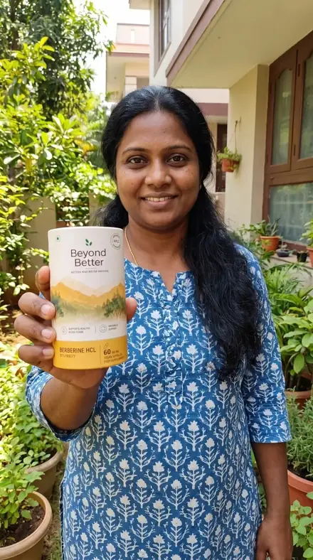 A woman holding the Beyond Better berberine tub in a green garden