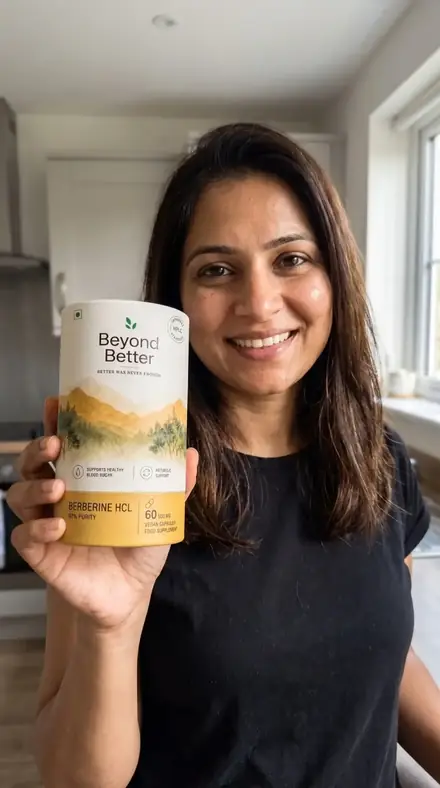 A woman in a bright kitchen holding the Beyond Better berberine tub
