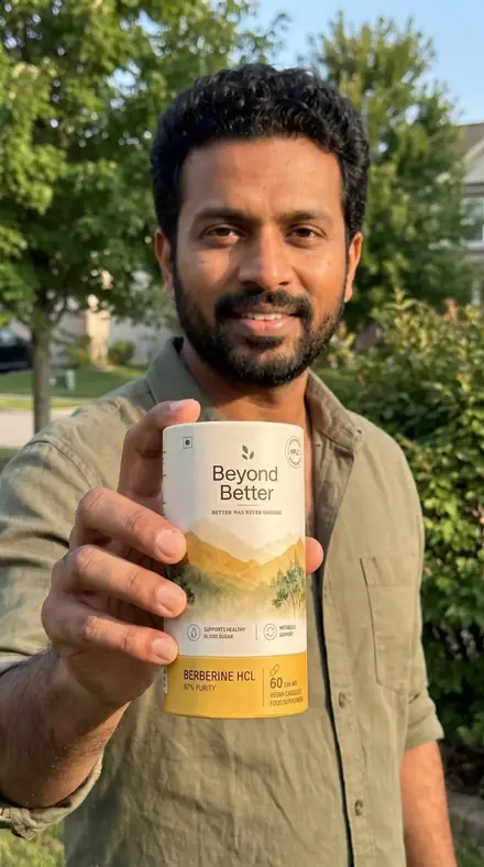 A man outdoors among trees holding the Beyond Better berberine tub