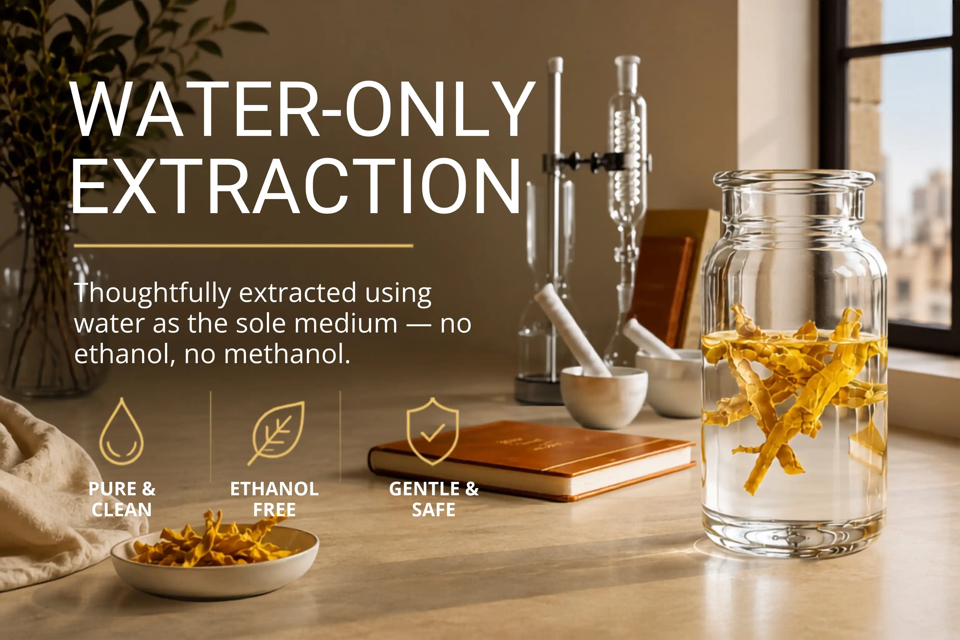 Water-only extraction — extracted using water as the sole medium, no ethanol, no methanol